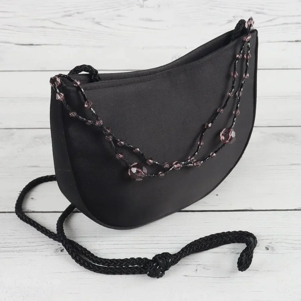La Regale Black Satin Mini Crossbody or Clutch Bag Beaded Tassels Button Closure
